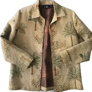 CB Casual Blazer Women's Size Medium Light Green Linen Palm Tree Button